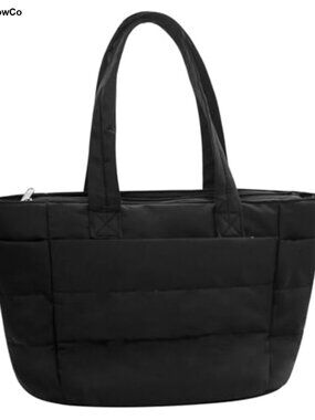 Quilted Puffy Tote Bag Nylon Lightweight Shoulder Bag Zipper Travel Work